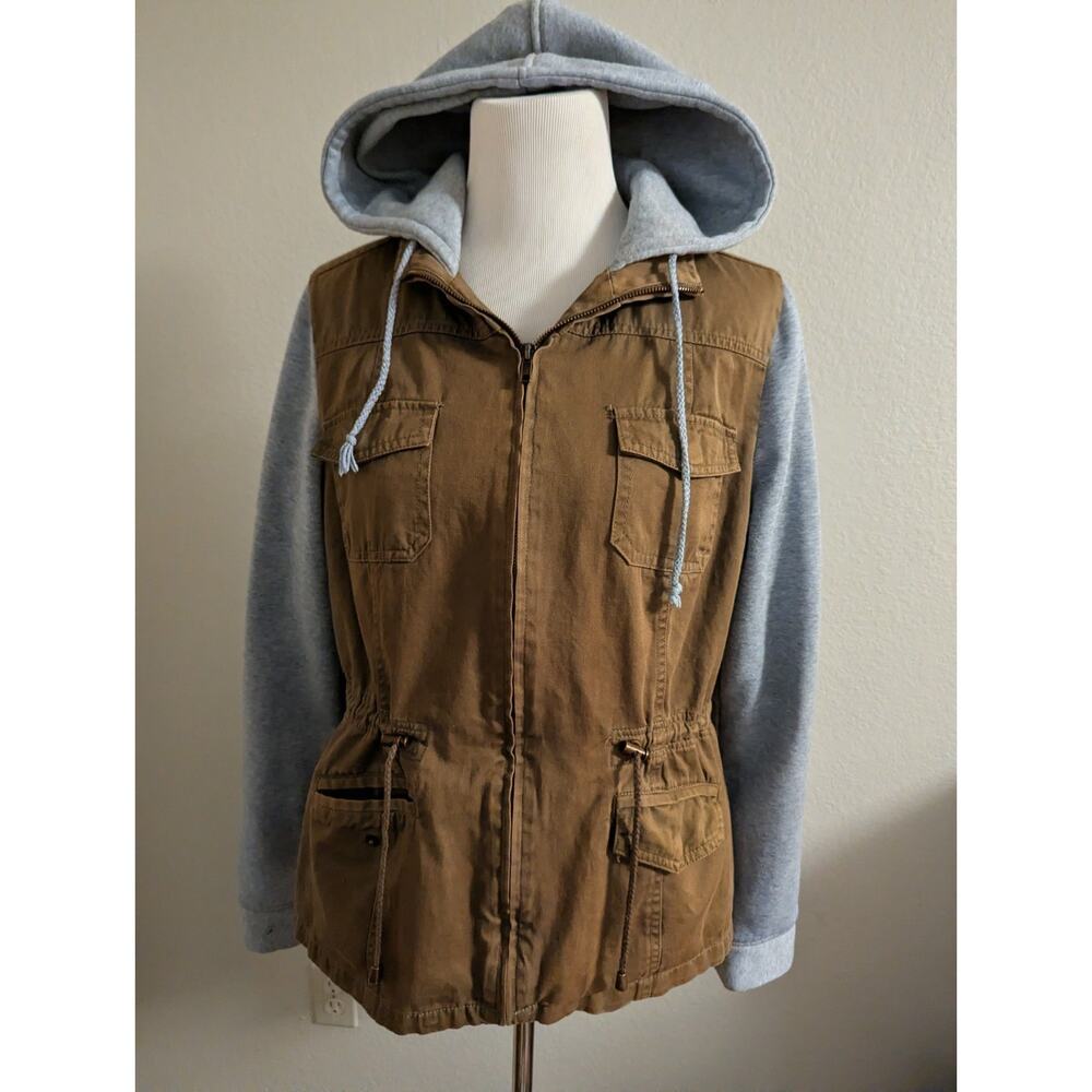 Rue21 Utility Jacket Hoodie XL Olive Green Gray Zip Front Military Style
